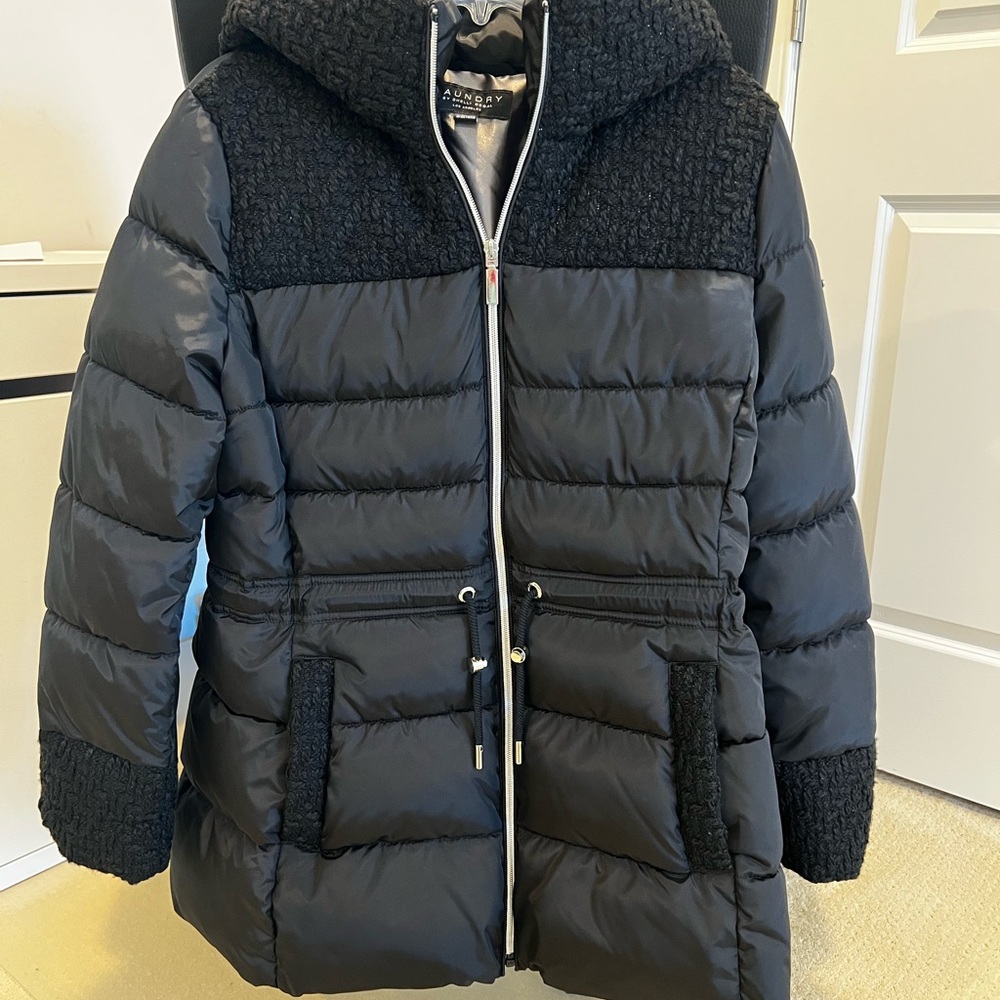 Laundry Black Puffer Coat with Boucle Accents and Hood! Super unique design.